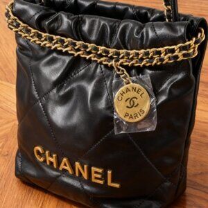 CHANEL 22 Chain Shoulder Mini Hand Bag Shiny Calf Leather Black 